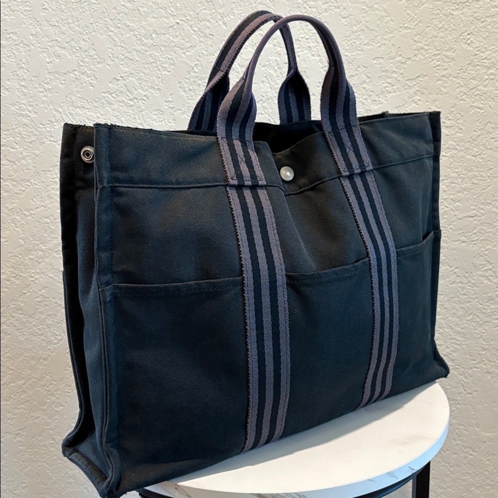 Hermes Toutte Fourre Black Canvas Tote with Gray Stripes - Picture 5 of 12